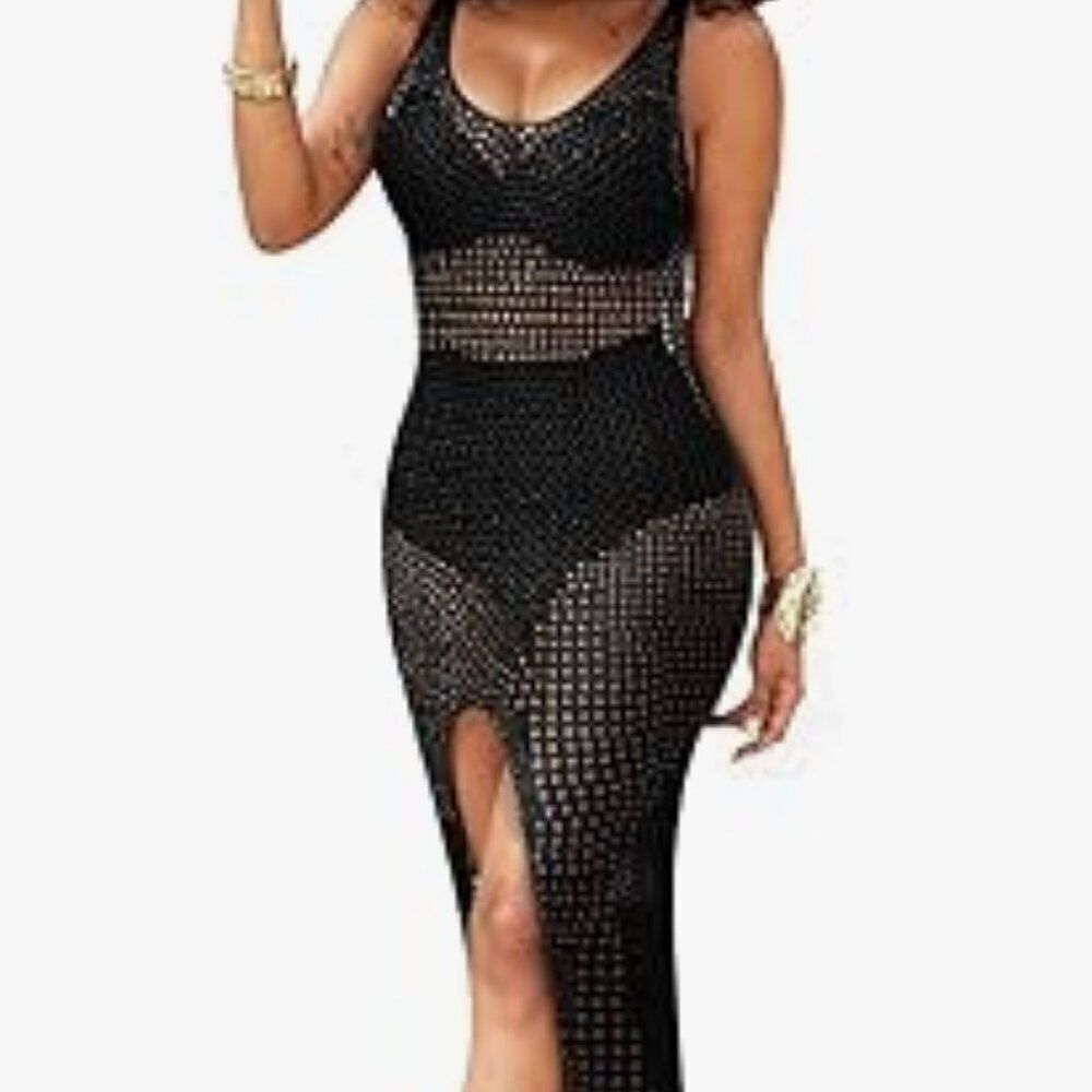 Womens black with metallic threads crochet long swim coverup size small 4-6